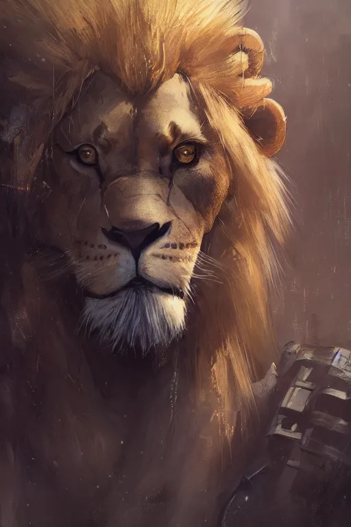 Image similar to portrait male anthro lion character full body precis no blur, concept art, character sheet, nier automata, gaston bussiere, greg rutkowski, tsutomu nihei, cyberpunk, trending on artstation, featured on pixiv, hyper detail, cinematic composition, 8 k