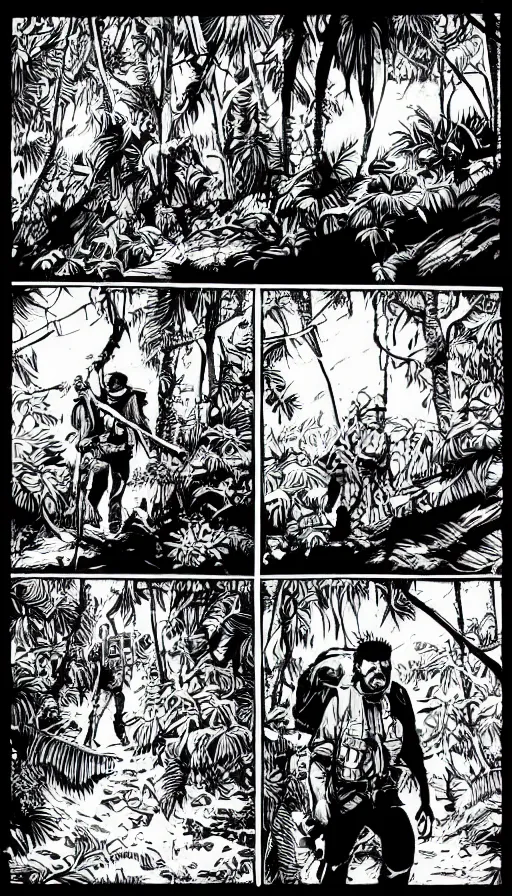 Prompt: multi - panel page from a highly detailed horror comic. a handsome rugged bearded man treks through a jungle wearing a backpack. rainforest. distant mountains. ink.