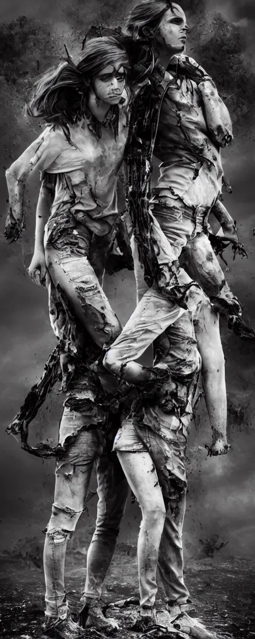 Image similar to twinned conjoined sisters Emma Watson action poses dishevelled photorealistic portrait grimy sweating wet face dirty t-shirt and torn jeans in broken biomechanical fractal armour abandoned exploding sci-fi gas station, dark and dim atmospheric smog trending on artstation 8k matte painting, dramatic lighting, dramatic shadows professional photograph by Herb Ritts