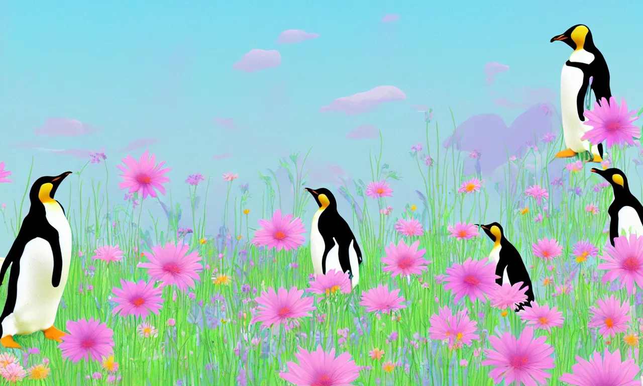 Prompt: penguins, meadow flowers, pastel colors, nordic, cityscape, digital art, 3 d illustration