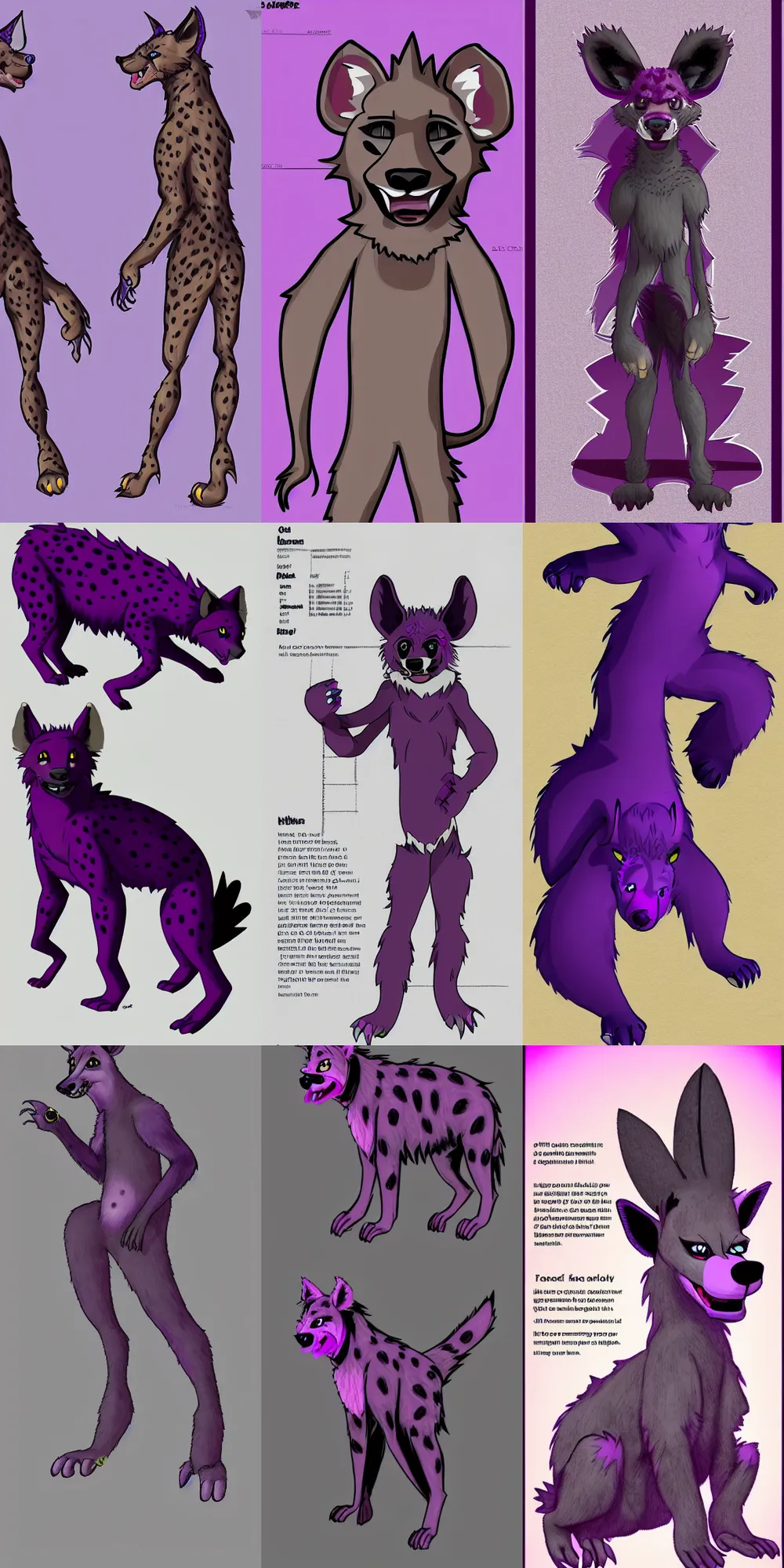 Prompt: a front - perspective furry reference sheet, a male hyena fursona, purple and black color scheme, themed after wine, trending on weasyl, high - resolution