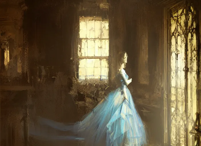 Image similar to portrait of woman in dress, detailed, by jeremy mann, gothic mansion room, blue tones, by alexander fedosav, wooden floor, digital artwork, paint, elegant