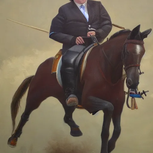Image similar to Boris Johnson riding a horse into battle, oil painting