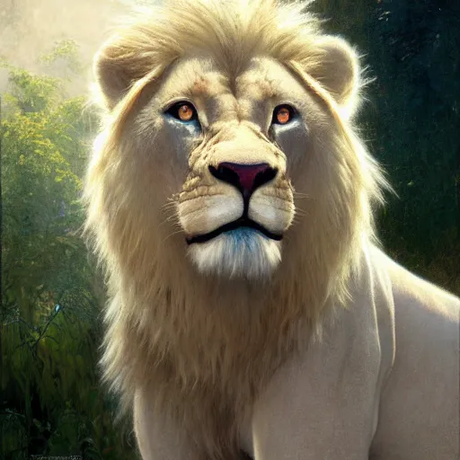 Image similar to hyper realistic albino male furry anthro lion, magical, painted by james gurney, norman rockwell, tom bagshaw, mucha, gaston bussiere, craig mullins, j. c. leyendecker 8 k