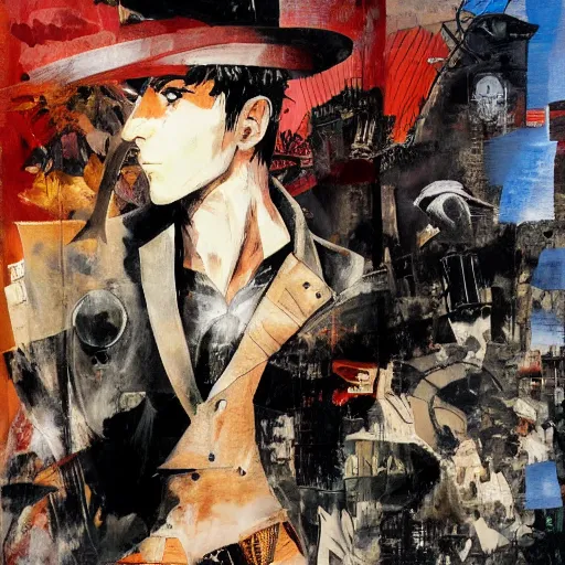 Image similar to the unforgivable corto maltese dreaming about the forbidden streets of valparaiso and its tango feelings, oil on canvas by dave mckean and yoji shinkawa