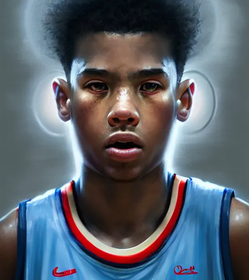 Image similar to portrait of a boy at a basketball court playing basketball wearing a basketball uniform in a basketball court, poised, intense emotion, detailed facial expression, detailed surroundings, perfect basketball, intricate, elegant, highly detailed, centered, digital painting, artstation, concept art, smooth, sharp focus, illustration, by Peter Mohrbacher, WLOP