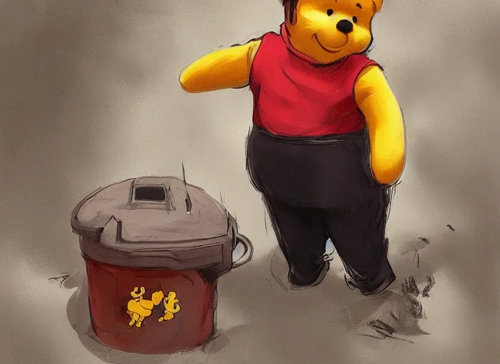 Prompt: portrait of Xi Jinping dressing up as Winnie the Pooh in a trashy Chinese dirt poor trashcan, hungry, beta weak male, digital painting, concept art, smooth, sharp focus, illustration, from Metal Gear, by Ruan Jia and Mandy Jurgens and William-Adolphe Bouguereau, Artgerm