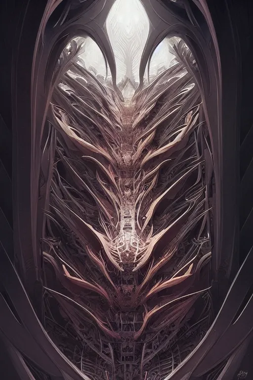 Image similar to professional concept art symmetrical portrait of a terrifying! mechanical predatory fractal! species in a dark room by artgerm and greg rutkowski. an intricate, elegant, highly detailed digital painting, concept art, smooth, sharp focus, illustration, in the style of cam sykes.