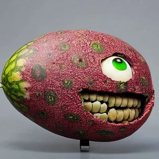 Prompt: a dusty dry taxidermy of a watermelon, glass eyeballs, false teeth,