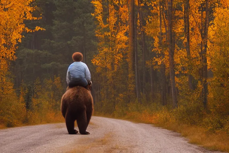 Image similar to back of bob ross riding on the back of brown bear in alaska at fall season, outdoor lighting, realistic, photo, national geographic photo, volumetric, fog