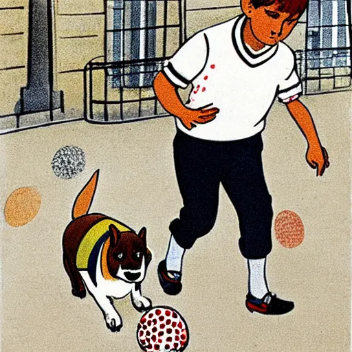 Image similar to book illustration of a french boy on the streets of paris playing football against a corgi, the dog is wearing a polka dot scarf, 1 9 6 6