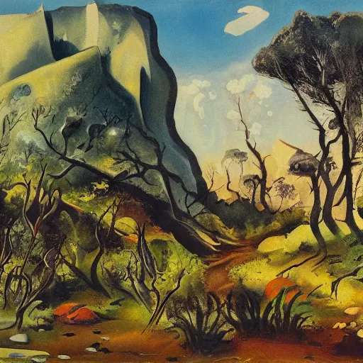 Image similar to painting of a lush natural scene on an alien planet by george grosz. beautiful landscape. weird vegetation. cliffs and water.