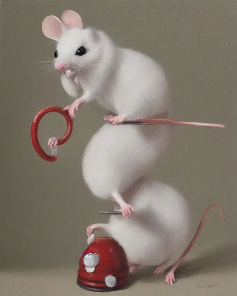 Image similar to an old oil painting of a cute white mouse standing on two legs and holding a round bell, trending on artstation