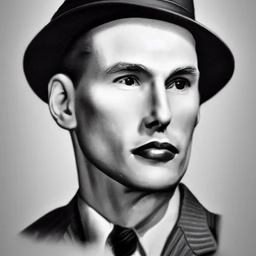 Image similar to A photograph portrait of Jerma985 wearing a suit with and fedora in the 1950s, taken in the early 1950s, grainy, taken on a 1950s Kodak Camera, realistic, hyperrealistic, very realistic, highly detailed, very detailed, extremely detailed, detailed, digital art, trending on artstation