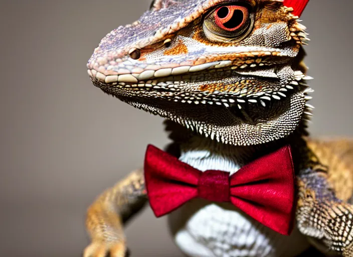 Image similar to dslr portrait still of a bearded dragon wearing a top hat and a red bowtie, 8 k 8 5 mm f 1. 4