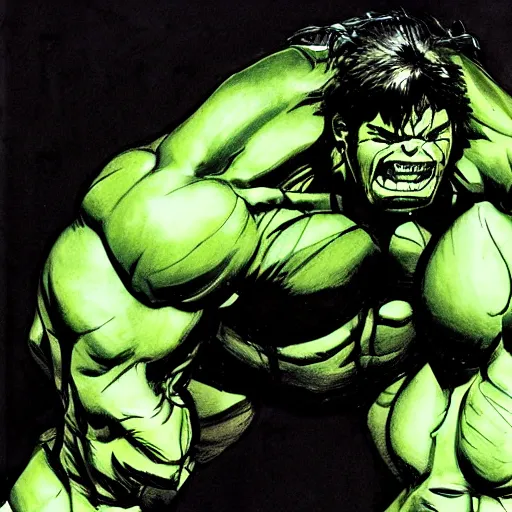 Image similar to Yoji Shinkawa drawing of The Hulk eating a bike
