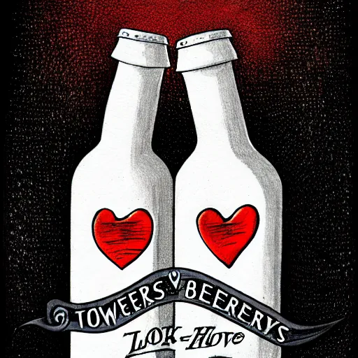 Image similar to two beers, many white hearts, friendship, love, sadness, dark ambiance, concept by Godfrey Blow, featured on deviantart, drawing, sots art, lyco art, artwork, photoillustration, poster art