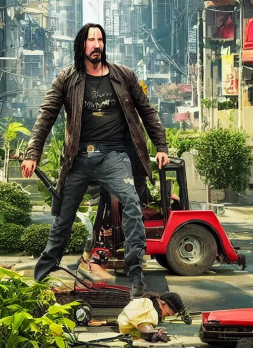 Image similar to wake up samurai we have a community to feed, solarpunk keanu reeves driving a tractor, cyberpunk 2 0 7 7, solarpunk, lots of plants, gardening, permaculture, anarchy, realistic, ultra detailed