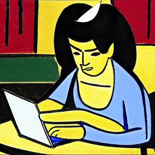 Image similar to close - up of a frustrated young woman coding on her laptop, by matisse 1 9 4 5. early morning, hot coffee