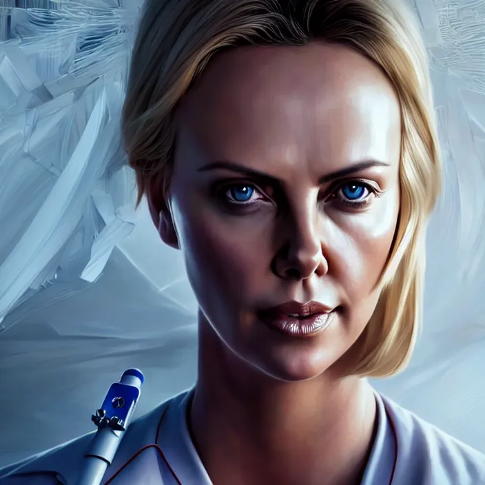 Image similar to portrait of charlize theron as a nurse. intricate abstract. intricate artwork. by tooth wu, wlop, beeple, dan mumford. octane render, trending on artstation, greg rutkowski very coherent symmetrical artwork. cinematic, hyper realism, high detail, octane render, 8 k, iridescent accents