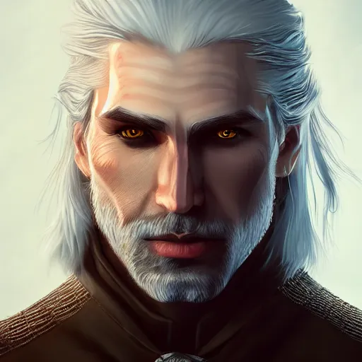 Image similar to dream Geralt of Rivia, golden eyes, silver hair, wolf pedant, 4k, artstation, cgsociety, award-winning, masterpiece, stunning, beautiful, glorious, powerful, fantasy art