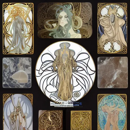 Image similar to angelarium, cthulhu, illithid, art nouveau, white marble and gold, alphonso mucha