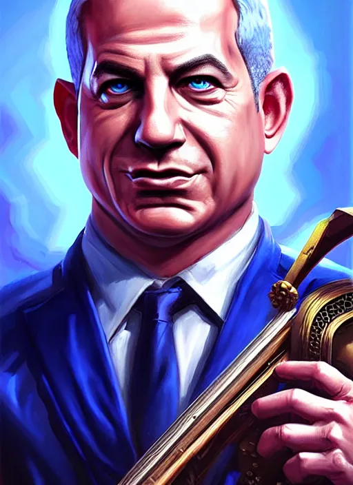 Prompt: A striking epic hyper real comic book style portait painting of Benjamin Netanyahu as a bard, D&D Concept Art, unreal 5, DAZ, Apex legends concept art, hyperrealistic, octane render, cosplay, RPG portrait, dynamic lighting