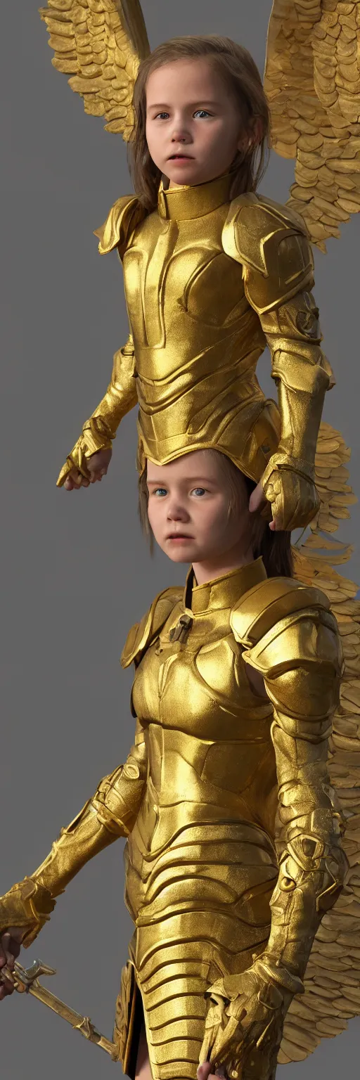 Image similar to a full length single young girl wearing a gold armor fighting angels in the sky, extremely realistic and highly detailed 8 k, sharp focus, octane render, dramatic volumetric lighting and extremely realistic faces