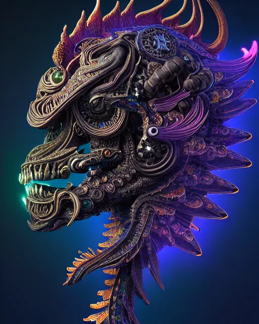 Image similar to 3 d ornate carved dark cosmic horse with profile portrait, sigma 5 0 0 mm f / 5. beautiful intricate highly detailed quetzalcoatl skull. bioluminescent, plasma, lava, ice, water, wind, creature, thunderstorm! artwork by tooth wu and wlop and beeple and greg rutkowski, 8 k trending on artstation