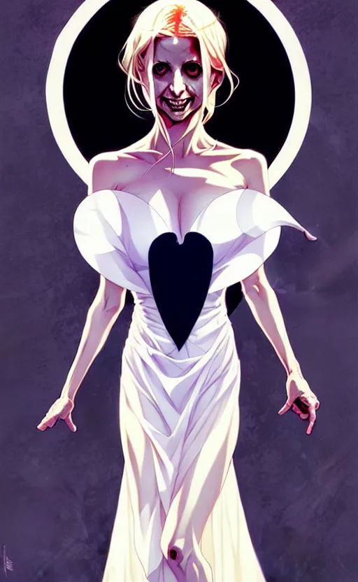 Prompt: artgerm, joshua middleton comic cover art, pretty ghost sarah michelle gellar entire full body, floating, creepy smile, white dress, friendly, symmetrical eyes, symmetrical face, long white hair, inside haunted house