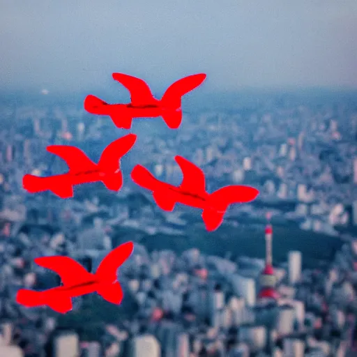 Image similar to tiny cute red dragons flying in the skies of tokyo