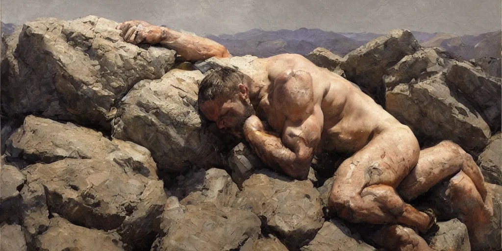 Image similar to highly detailed painting of a men made of rocks, big rocks, sharp focus, dramatic scene, aesthetic, dynamic lighting, elegant, harmony, masterpiece, by kent williams, by roberto ferri, high quality