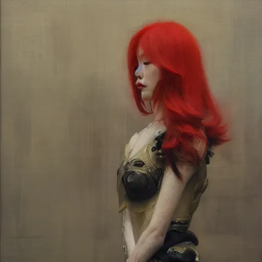 Image similar to the redhead vespa queen in hong kong, oil on canvas by ruan jia and yoshitaka amano