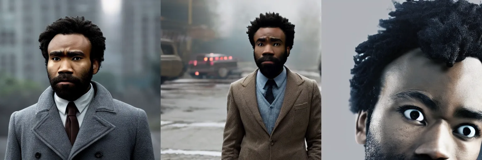 Prompt: close - up of donald glover as a detective in a movie directed by christopher nolan, movie still frame, promotional image, imax 7 0 mm footage