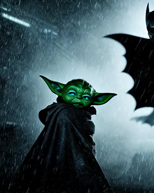 Image similar to epic closeup cinematic still of baby yoda as batman wearing batman costume with batmask and batcape as batman in atmospheric rainy alleyway in the style of batman the dark knight rises, 8 k backlit, rim lighting, dramatic moonlight lighting, beautiful composition