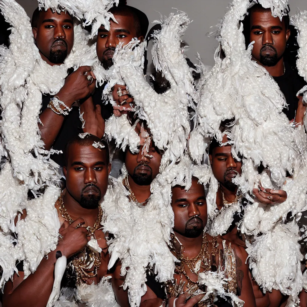 Image similar to kanye west and lil naz x making various facial expressions _ with _ a _ decorated _ dress _ made _ of _ white _ pearls _ and _ white _ plumes _ of _ swan _ highly _ detailed _ digital _ painting