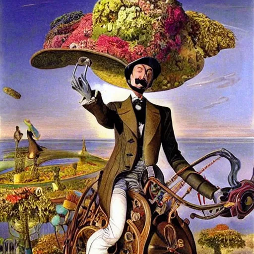 Image similar to an a gentleman in a top hat riding an extremely long and spindly mechanical horse in a futuristic!!! victorian city, oil painting, style of salvador dali and richard dadd!!!!, rococo lots of plants and flowers