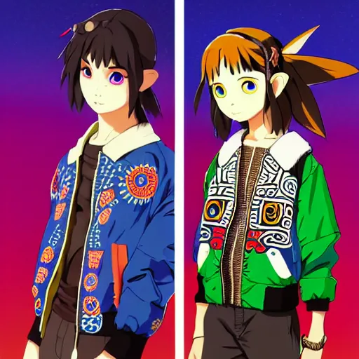 Image similar to majora majora's mask wearing oversized mayan bomber jacket with overalls, bulky poofy bomber jacket with mayan patterns, aztec street fashion, botw art style, gapmoe yandere grimdark, trending on pixiv fanbox, painted by greg rutkowski makoto shinkai takashi takeuchi studio ghibli, akihiko yoshida