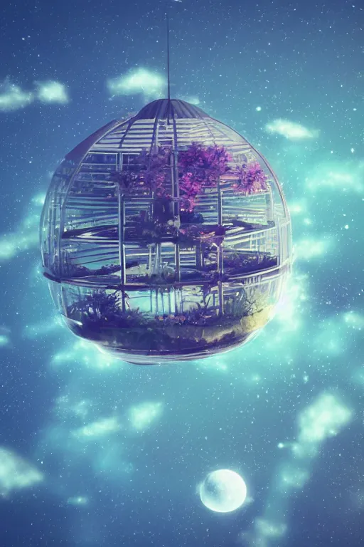 Image similar to multi level botanical garden spaceship floating in space, calm, tranquil, faded effect, detailed, vaporwave colors, render by substance designer