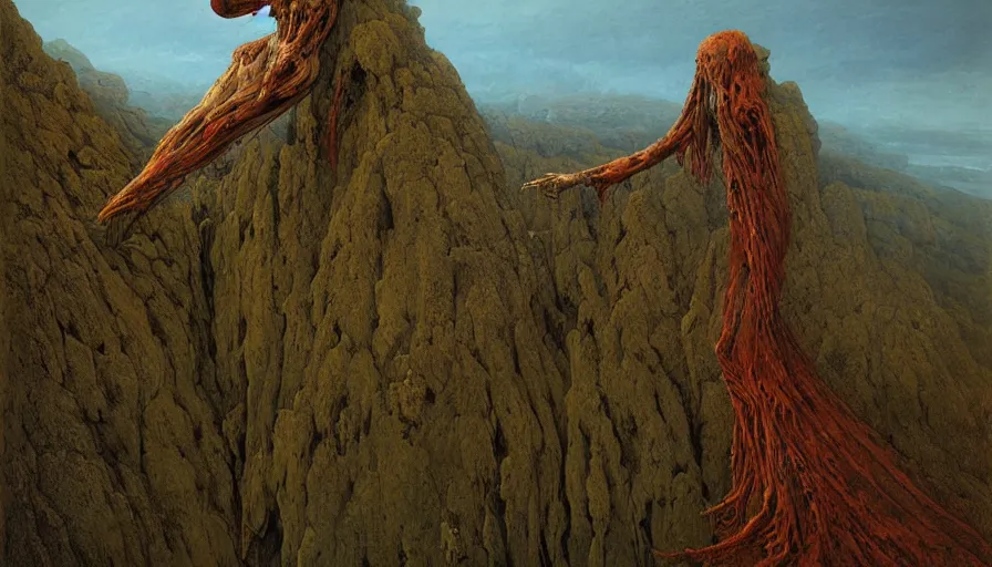 Prompt: landscape artwork of veiled red skeletal angel climbing over a mountain, artwork by zdzislaw beksinski