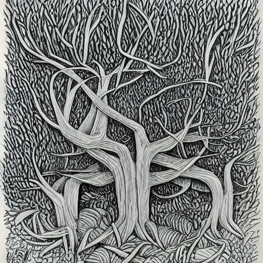 Image similar to an intricate drawing of the australian bush by mc escher, line art, celtic, illustration