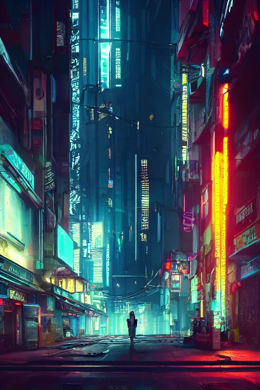 Prompt: a street in a big city at night, neon lights, down a flight of stairs to the basement, cyberpunk style, digital painting, concept art, smooth, sharp focus, hyperrealistic, illustration, artstation trending, octane render, unreal engine, ambient light, dynamic lighting, magical, dark vibes, Cyberpunk 2077
