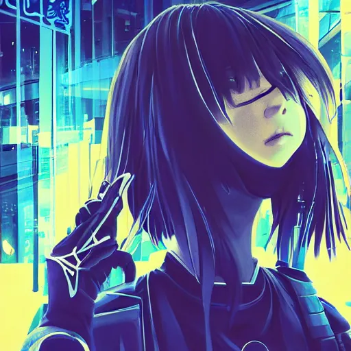 Image similar to Frequency indie album cover, luxury advertisement, blue filter, blue and black colors. Clean and detailed post-cyberpunk sci-fi close-up schoolgirl in asian city in style of cytus and deemo, blue flame, relaxing, calm and mysterious vibes, by Tsutomu Nihei, by Yoshitoshi ABe, by Ilya Kuvshinov, by Greg Tocchini, nier:automata, set in half-life 2, GITS, Blade Runner, Neotokyo Source, Syndicate(2012), dynamic composition, beautiful with eerie vibes, very inspirational, very stylish, with gradients, surrealistic, dystopia, postapocalyptic vibes, depth of field, mist, rich cinematic atmosphere, perfect digital art, mystical journey in strange world, beautiful dramatic dark moody tones and studio lighting, shadows, bastion game, arthouse