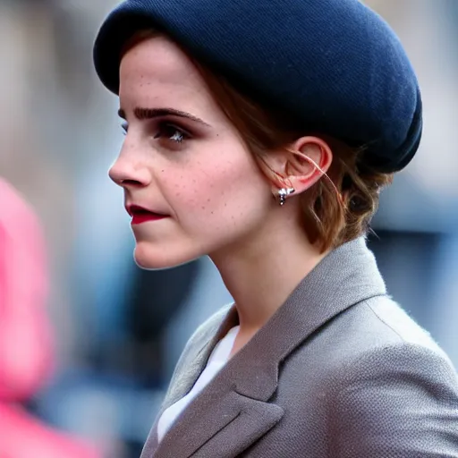 Image similar to emma watson wearing a berret, beautiful, busy city street setting, bokeh, wide lens