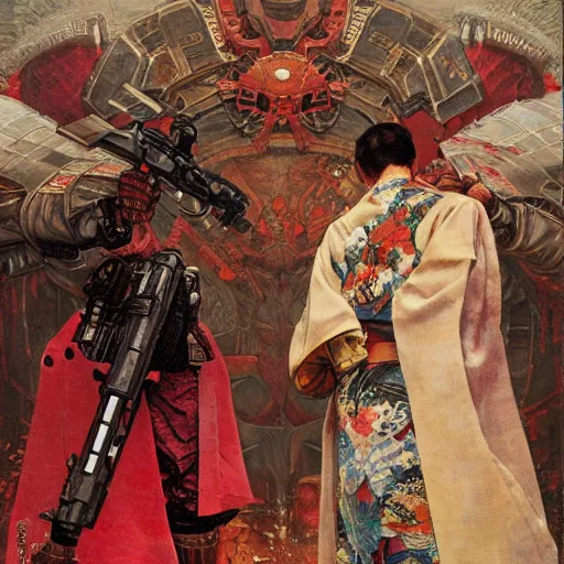 Image similar to the doomslayer wearing a kimono, art by norman rockwell and donato giancola and greg rutkowski,