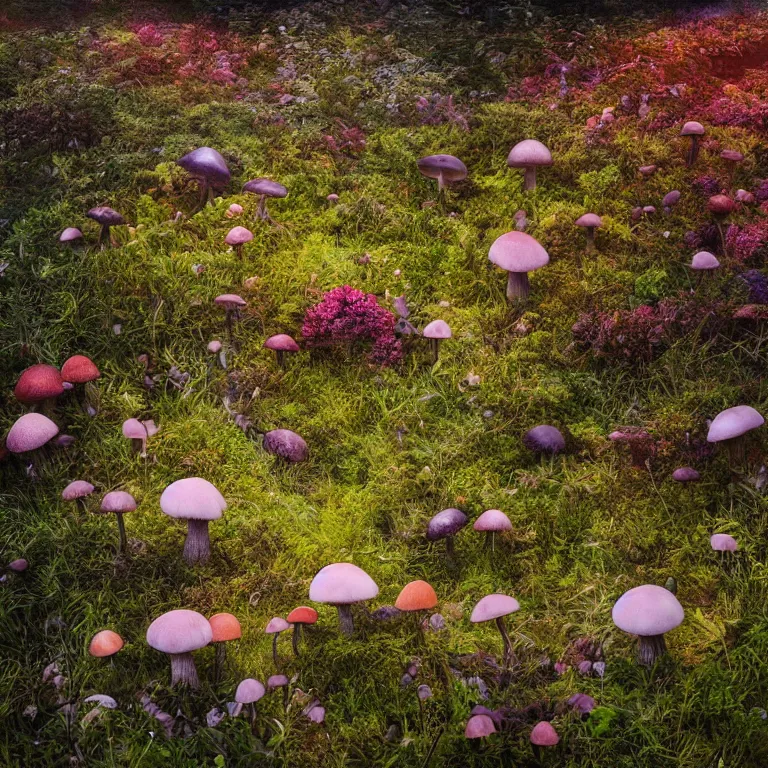 Image similar to a planet of various fungus, mushrooms, flowers and plants, inside the picture is infinity, Atmospheric, artistic photography, conceptual, long exposure outside the city, volumetric light