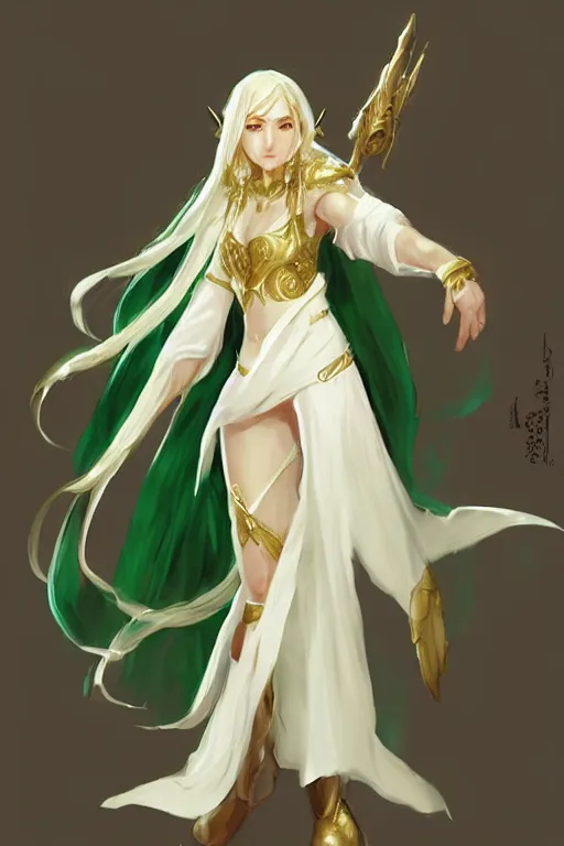 Prompt: Pretty Female cleric, white robes, golden accents, green eyes, extremely detailed face!, young, 2 arms and 2 legs!, looking frontal view, high fantasy, by Albert Aublet, Krenz Cushart, WLOP, Sakimichan