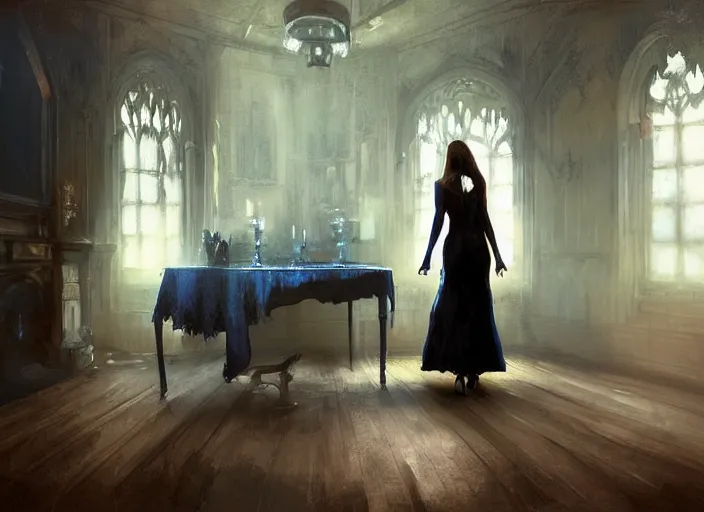 Prompt: gothic mansion room, woman in dress, wooden floor, elegant, digital artwork, paint, blue tones, detailed, by bastien lecouffe deharme, by jeremy mann, by alexander fedosav