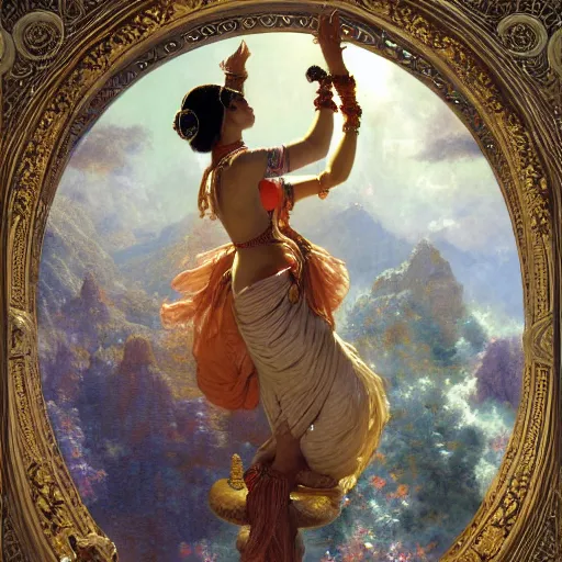 Image similar to detailed full body of hindu traditional woman blindfolded high - tech vr headset waliking risky thin bridge in sky in baroque style, girl graceful,, painting by gaston bussiere, craig mullins, j. c. leyendecker, lights, art by ernst haeckel, john william godward, hammershøi,,