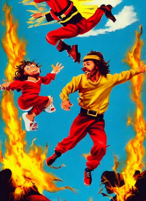 Image similar to Santa and Jesus' Totally Radical Adventure, action shot of them jumping away from an explosion towards us, cinematic shot, movie poster (1989)